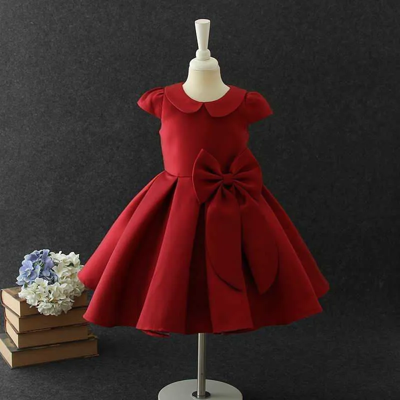 Retail Flower Girl Christmas Dress Peter Pan Collar Bow Birthday Party Performance Barnkläder 3-10 år E1522 210610