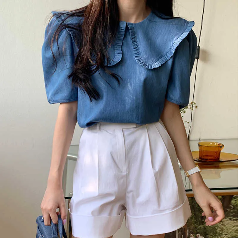 Korejpaa Dames Shirt Zomer Koreaanse Chique Dames Retro Niche Grote Revers Losse Puff Sleeve Gewassen Blauwe Denim Houten Oren Blouse 210526