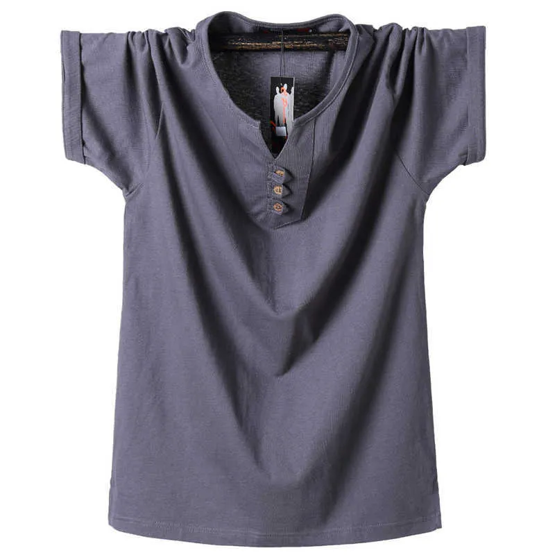 夏のVネックボタン緩い半袖Tシャツプラスサイズのファッションブランド古典的な若い男性コットンTシャツ5xl 6xl 7xl 8xl 210531