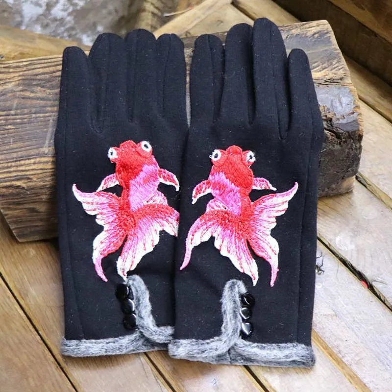 Cinq doigts gants main écran tactile broderie dessin animé pour femme hiver dames filles mitaines en plein air femmes rose