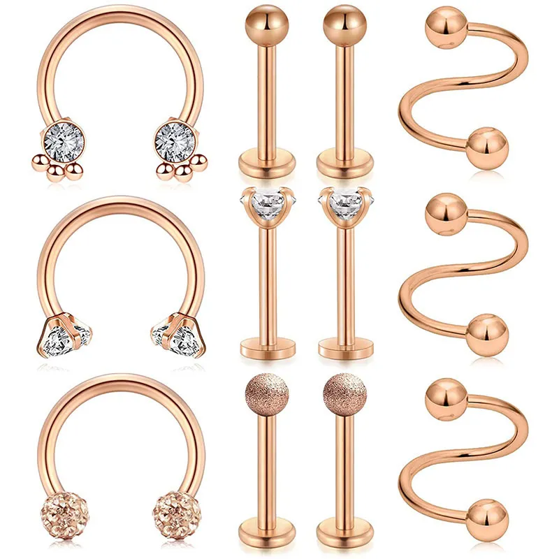 12 adet 16g Kıkırdak Helix Tragus Büküm Spiral Horseshoe Halter Küpe Dudak Labret Piercing