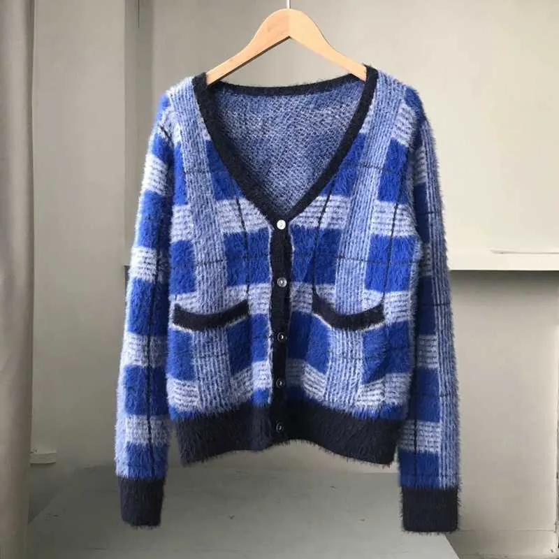 Vintage mohair tröja kvinnor stickade cardigans harajuku lat stil damer v-neck knapp fuzzy plaid cardigan fluffy stickad topp 211011