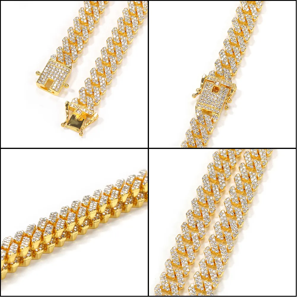 Hip Hop Bling Fashion Chains DIY Jóias Mens 12mm Golden Silver Miami Cuban Link Chain Colares Diamante Iced Out Chain Necklaces299c