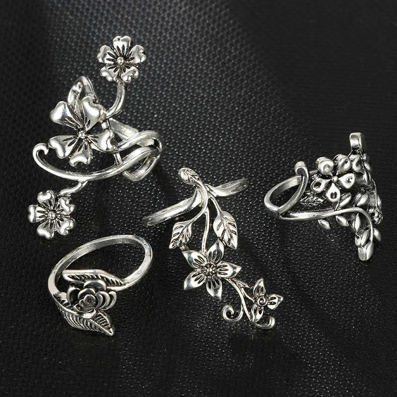 Tocona Antique Silver Color Vintage Bohemia Ring Set Rose Flower s for Women Charm Floral Knuckle 6047