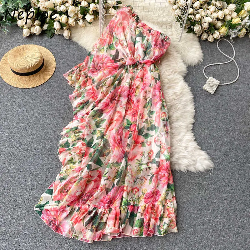 Neploe Summer Holiday Bohemian Print Long Dress Women High Waist Hip A Line Vestidos Slash Neck Shoulder Strapless Robe Slim 210630