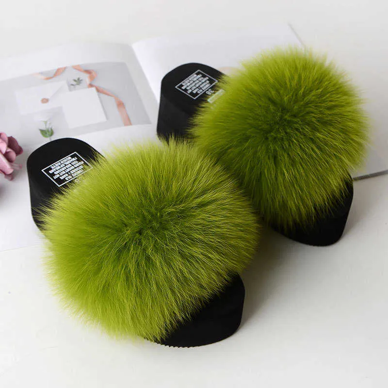 COOLSA New Women's Real Fox Fur Sandals Lady Fluffy Slides Casual Furry Flip Flops Woolen Plush Slippers Platform Shoes H0827