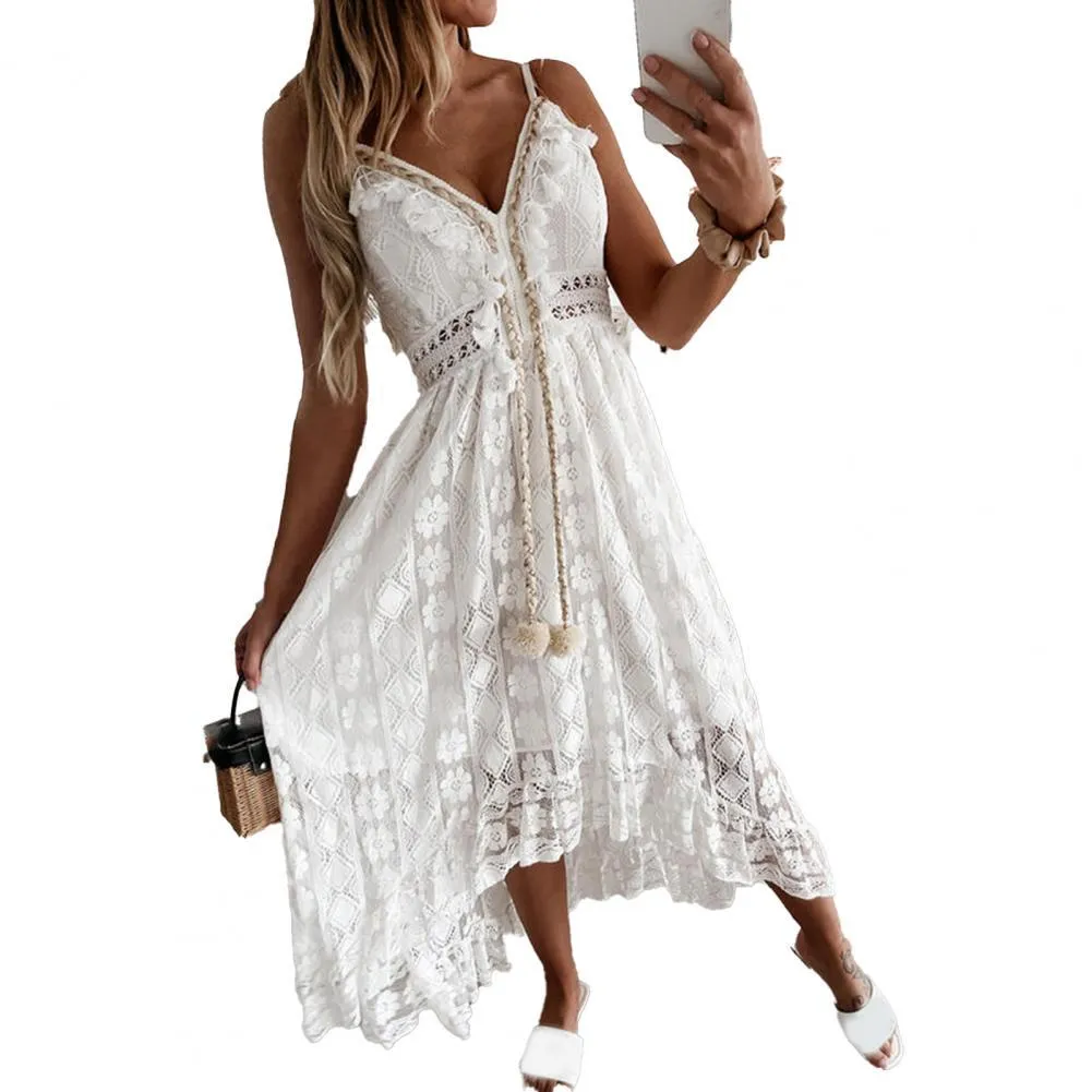 Maxi dresses for women 2021 Hollow Out Lace Women Spaghetti Strap Large Hem Dress for Dating Summer White xxl X0521