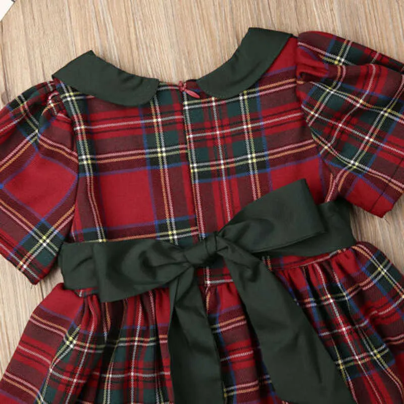 Bébé Filles De Noël Tutu Robe À Manches Courtes Taille Haute Bowknot Rouge Plaid Robe D'été Enfants Princesse Xmas Party Vêtements 6M-4T 2021 G1026