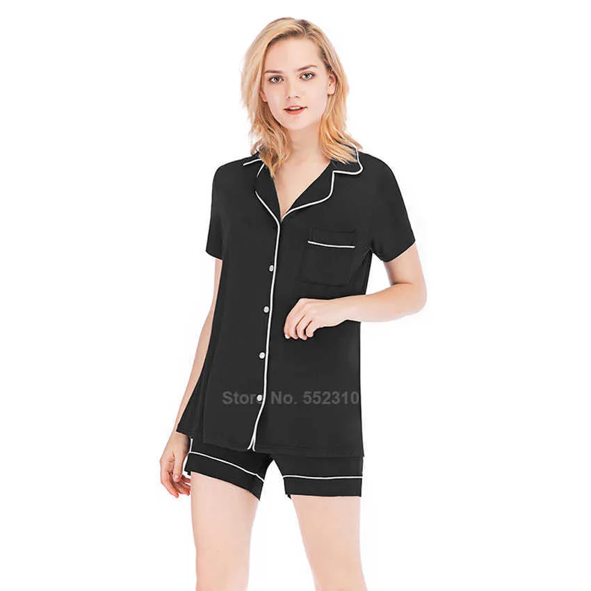 Weiches Nachtwäsche-Set aus Modal-Baumwolle für Damen, Kerbkragen, Palmenblatt, reine Farbe, kurze, lange Ärmel, einreihiger Lounge-Pyjama, PJs 210831