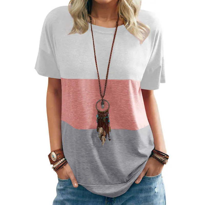 Femmes Summer Color Block Tops Tee Casual Manches courtes T-shirts Loose Top Pull Dames O-Cou Rayé Patchwork Tee Y0629