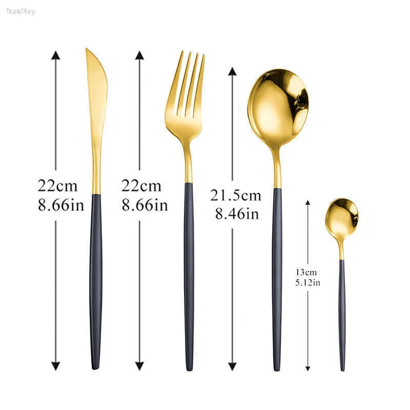 Czarny Złoto Sztućce Ze Stali Nierdzewnej Zestaw Obiadowa Naczynia Naczynia Dinner Nóż Widelec Spoon Parties Flatware Zestaw Cutlery Drop 211012