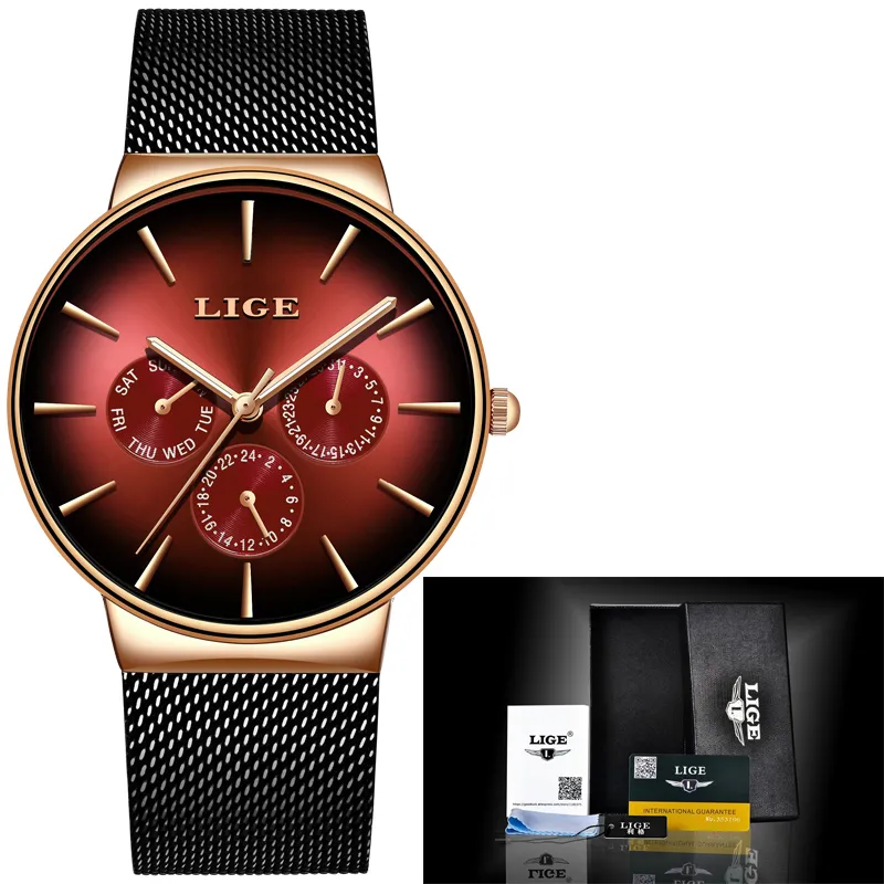 Lige New Fashion Mens Watches Top Brand Luxurz Quartz Watch Men Mesh Aço à prova d'água Ultra-fingimento de pulso para homens relógio esportivo 212247