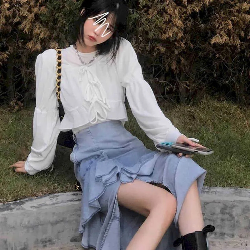 Рюшащая асимметрия юбка осень осенний костюм женский корейский модный галстук с длинным рукавом рубашка + джинсовые западные две части 210526