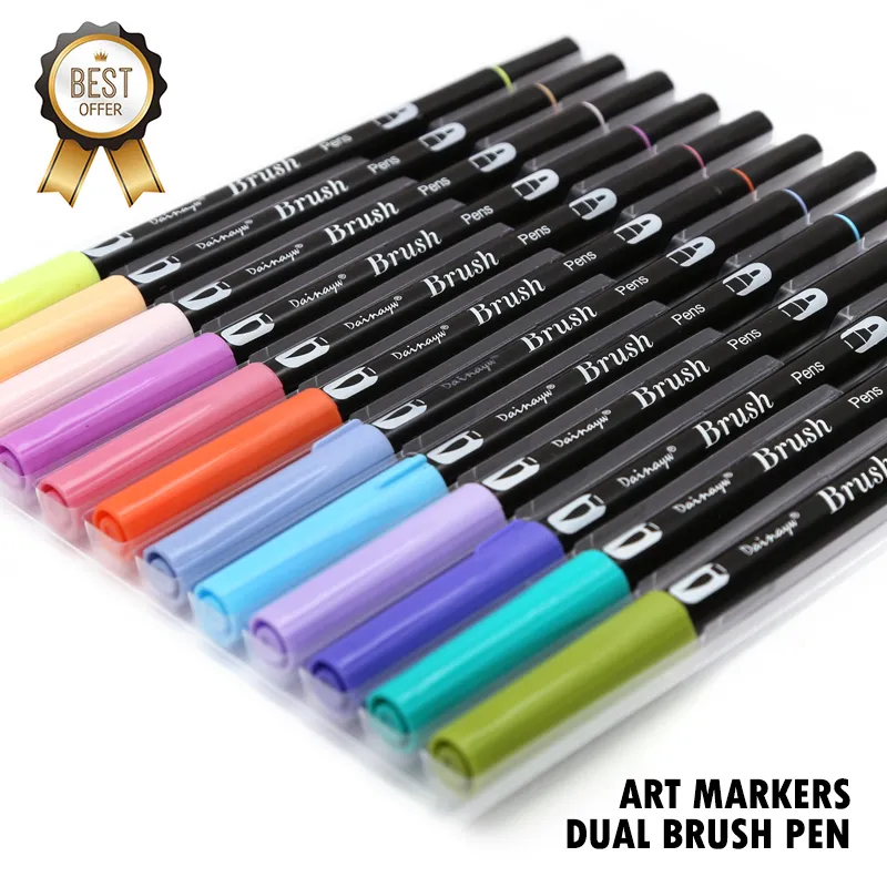 Dainayw Dual Brush Pen Art Markers Primary 12Pack ABT Brush and Fine Tip Markers for Journaling Card Making 210226