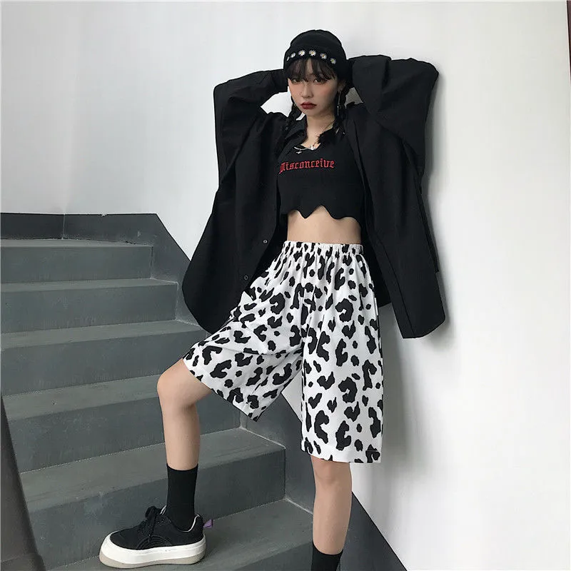 Short de sport de course d'été de vache blanche pour femmes Streetwear Harajuku coréen Joggers femmes élastique taille haute jambe large 210317