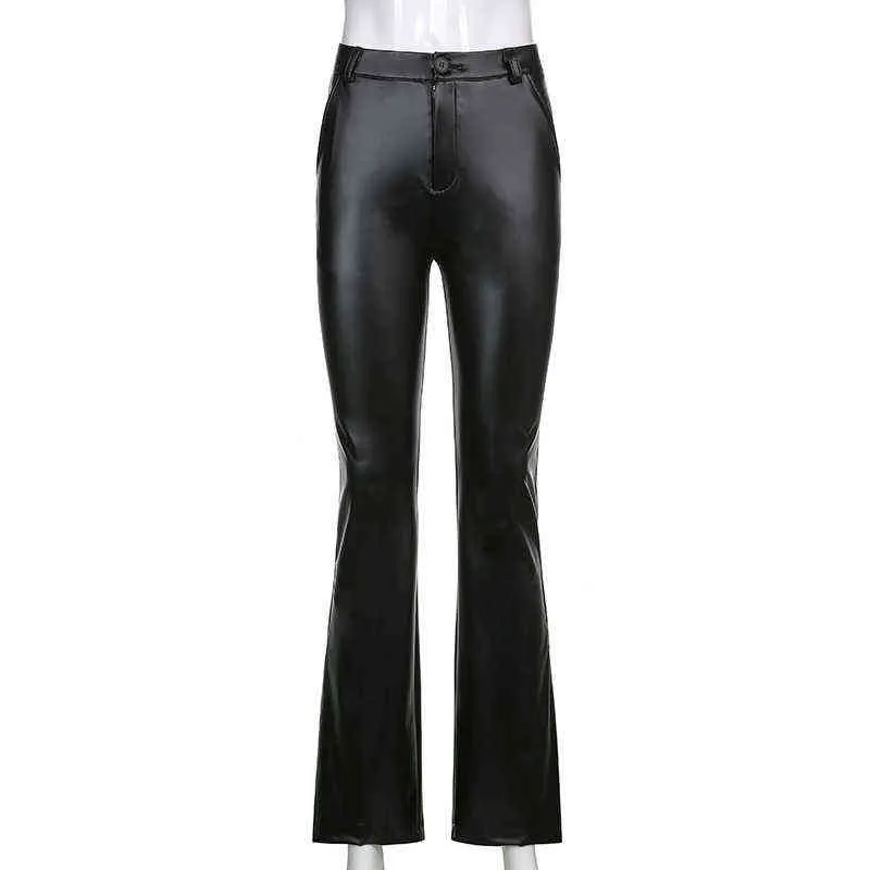 Rapwriter Streetwear Pantalon de survêtement Vintage PU Cuir Large Pantalon Esthétique Noir Taille Haute Harajuku Pantalon Femelle 211112