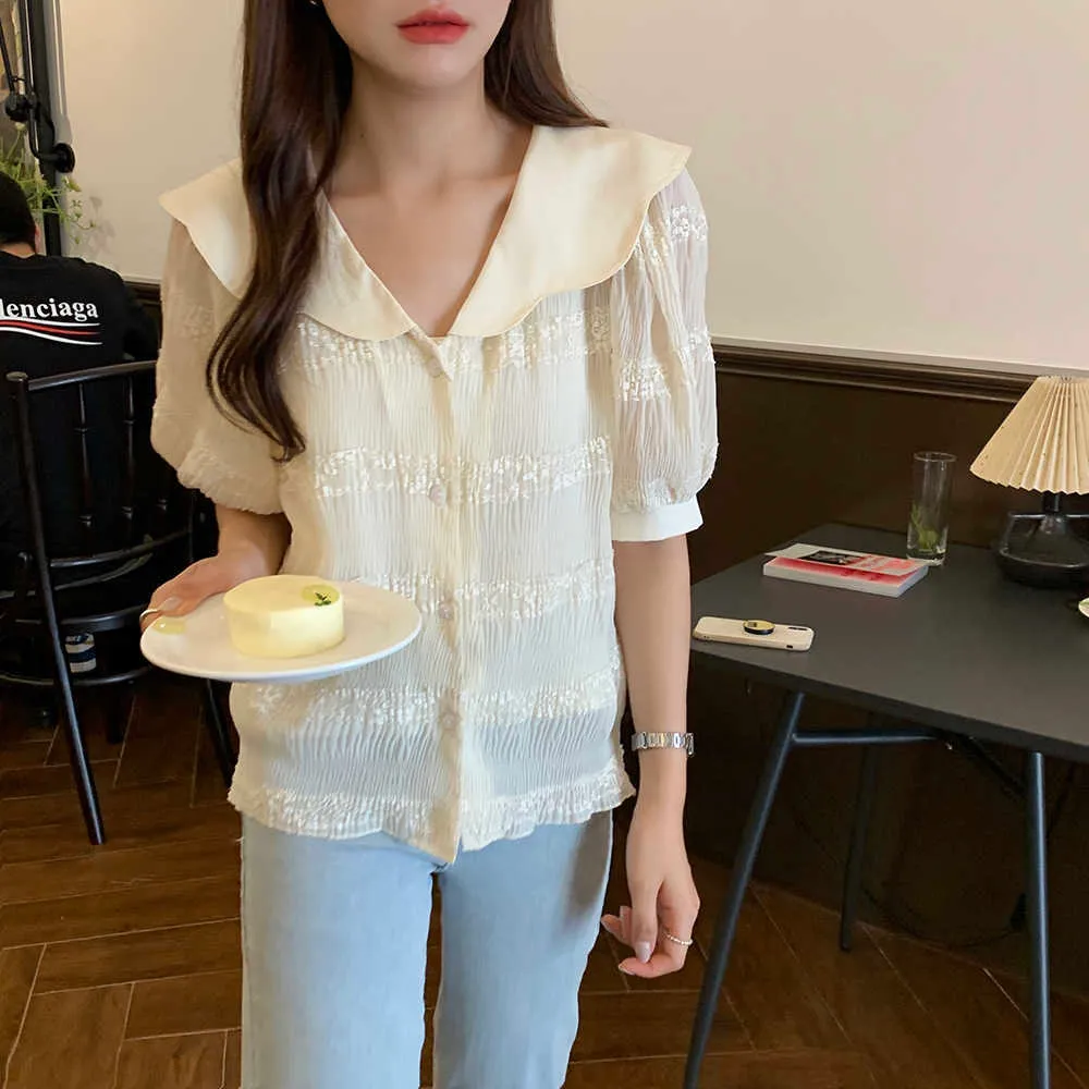Retro Gentle Summer High Street Florals T-shirts Peter Pan Collar Girls Sweet Stylish Femme Chic Prom Lady Tops 210525
