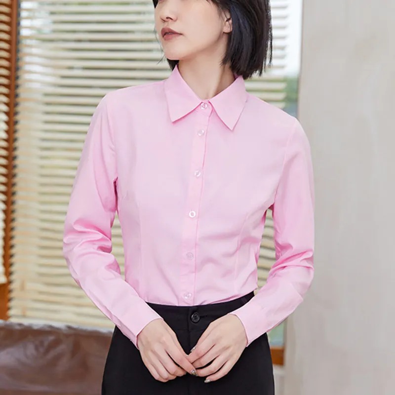 Femmes coton chemises femme blanc à manches longues hauts bureau dame rose Blouse grande taille Blouses de base 220307