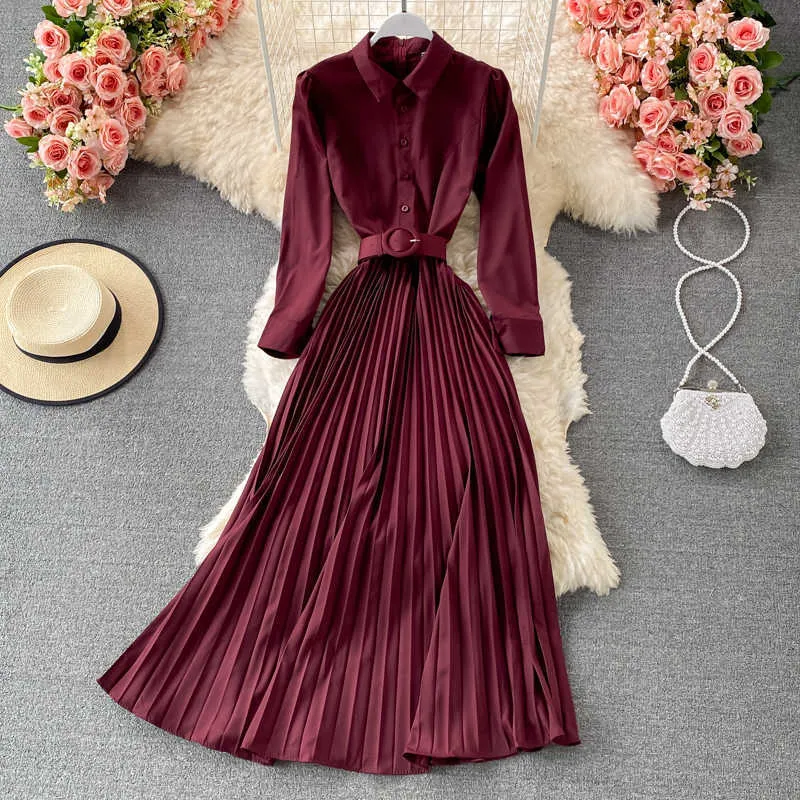 Frühling Herbst Vintage Gelb/Lila Einreiher Gefaltetes Langes Kleid Frauen Elegante Drehen-unten Kragen Langarm Vestidos 2021 Y0603