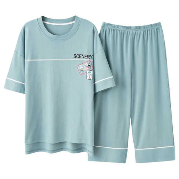 Große Größe Kurze Anzüge 4XL 5XL Baumwolle Hosen für Weibliche Homewear Damen Pyjamas Lose Hause Kleidung Set Nachtwäsche für sommer 210622