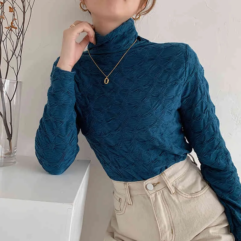 Lace Pläterade varma toppar Full-Sleeved Pullovers Turtleneck Retro Slimming Solid Chic Basewear Gentle T-shirts 210525