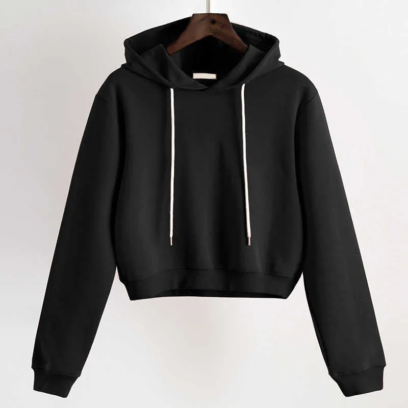 Femmes plaine Hoodies Crop Top couleur unie à manches longues dames pull à capuche été automne mode fille sweats vêtements 210809