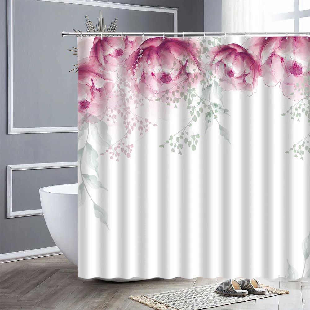 Ensemble de rideau de douche imperméable Rose Rose Lavande Fleurs Style Simple Maison Tissu Salle De Bains Décor Rideaux De Bain Crochets Écran Mural 210609