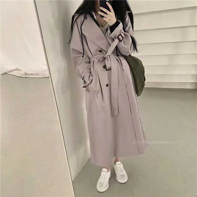 Woman Windbreaker Coat Black Retro British Style Spring Medium Long Korean Preppy Fashion Loose Women Oversize 210914