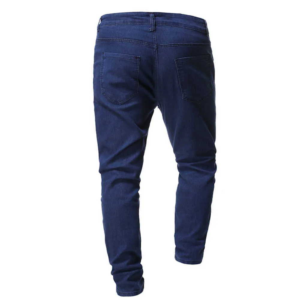Män Rippade Jeans Slim Fit Denim Pant Biker Hip Hop Jeans Hole Taped Colorful Dot Print Skinny Distressed Denim Street Trouser x0621