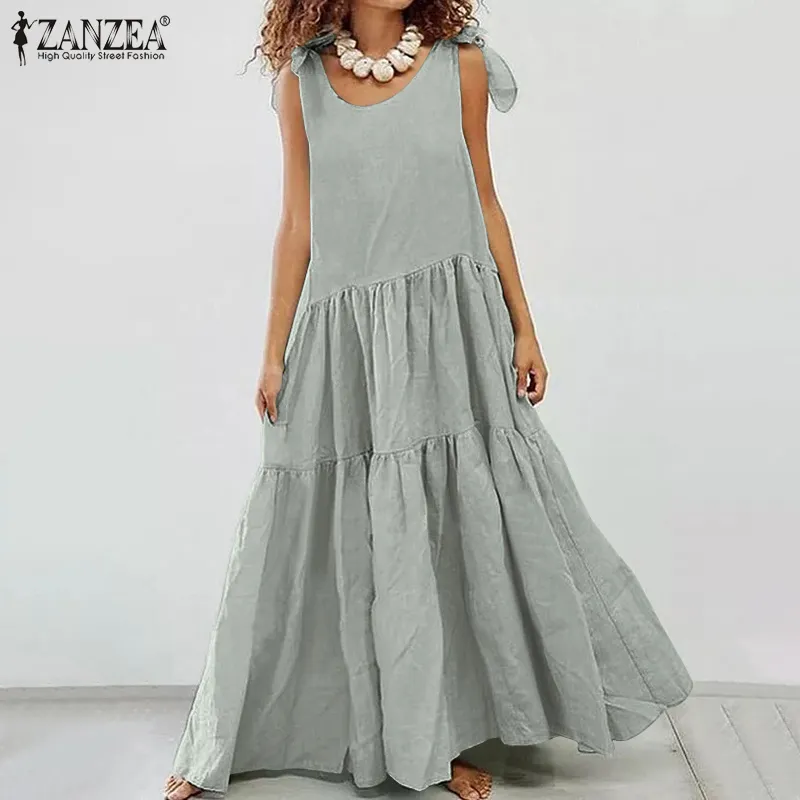 Damska Ruffle Sundress Zanzea 2021 Stylowe Solid Letnie Sukienka Maxi Lace Up Tank Vestidos Kobieta Dorywczo Robe Femme Plus Size X0521