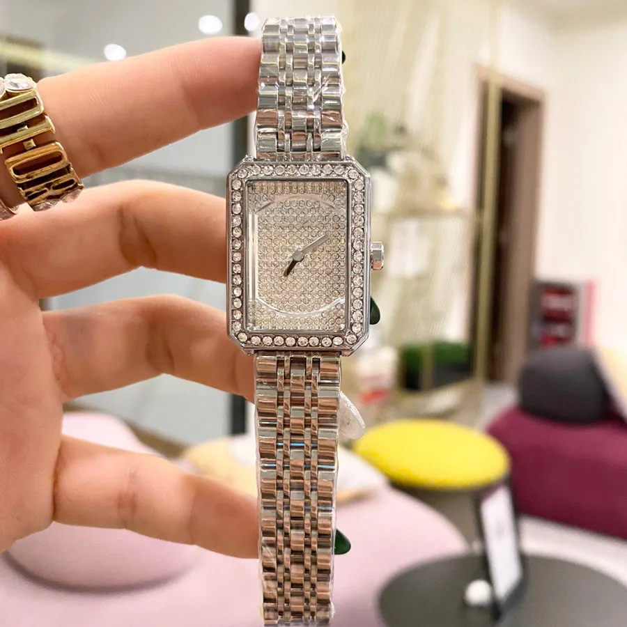 Marca relógio feminino menina cristal retângulo estilo metal banda de aço quartzo relógios de pulso de boa qualidade ch44208i