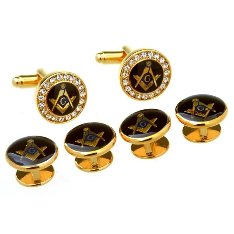 Gold Crystal mason Tuxedo Cufflinks Collar Studs Masonic Mason Cuff Links Stud Set Men's Jewelry