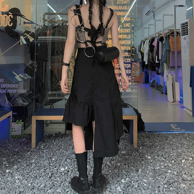 Last svart punk hög midja streetwear gotisk oregelbunden delad lös midi kjol koreanska kvinnor harajuku svart grå veckad kjol 210619