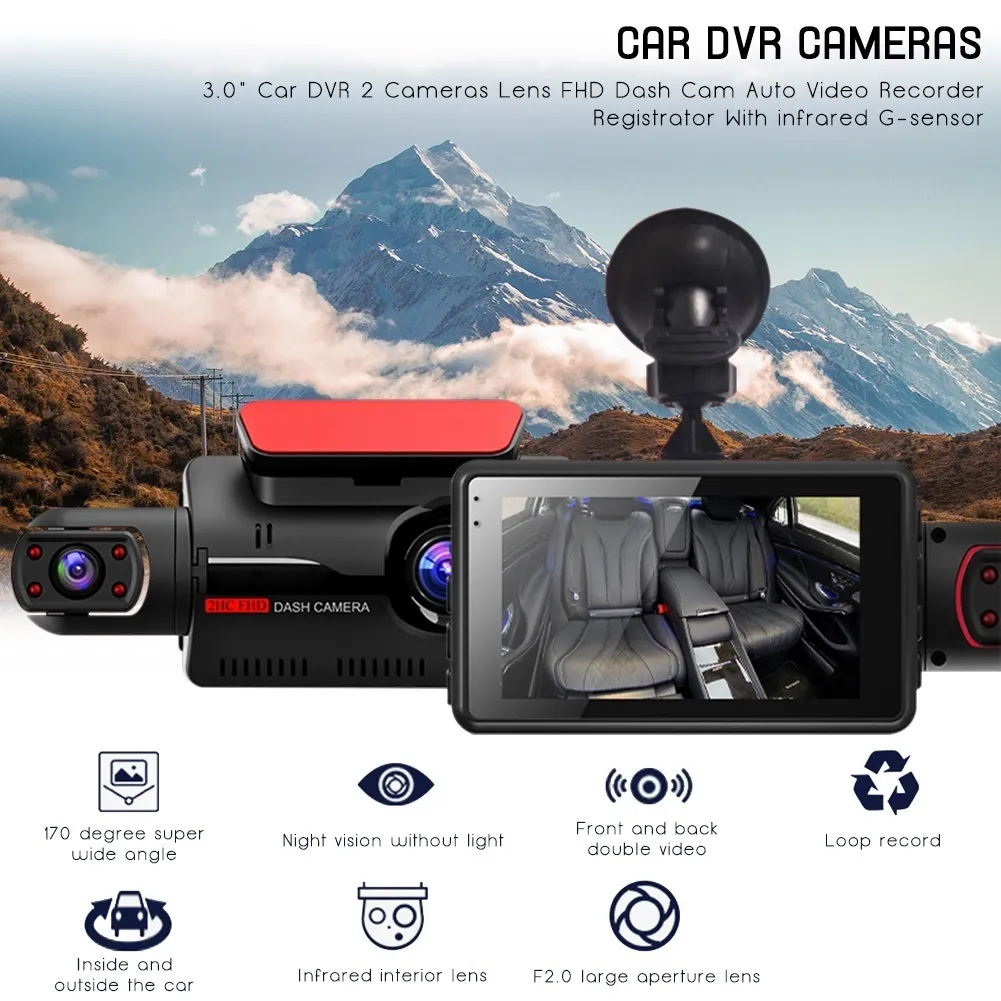 Araba DVR 2 Kameralar Lens NT96220 Çip FHD 3.0 Inç Dash Kam Oto Video Kaydedici Registrator DVR Ile Kızılötesi G-Sensor