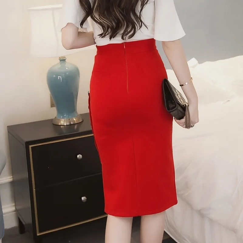 Plus Size Fashion Women Work Midi Skirt OL Sexy Open Slit Button Slim Pencil Elegant Office Ladies s Red Black 220221