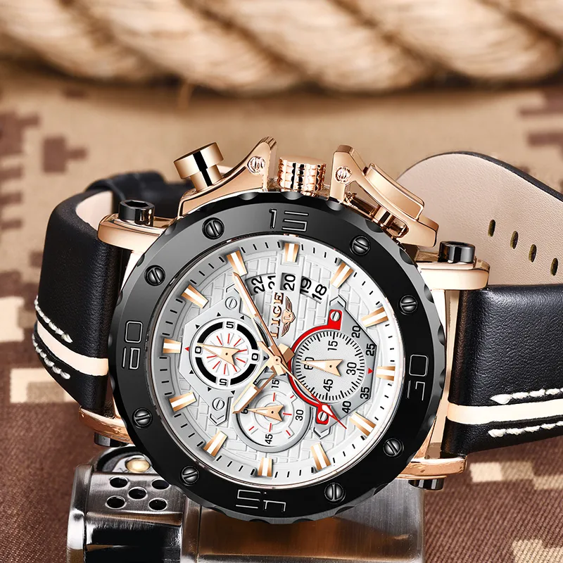 Лучший бренд LIGE, мужские часы, модные спортивные кожаные часы, мужские роскошные часы с датой, водонепроницаемый кварцевый хронограф, Relogio Masculino Box 210310272L