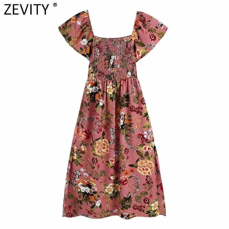 Zevity女性のファッション花柄の弾性パッチワークMidiドレス女性シックな夏のビーチvestidoスリムレディース服DS8360 210603