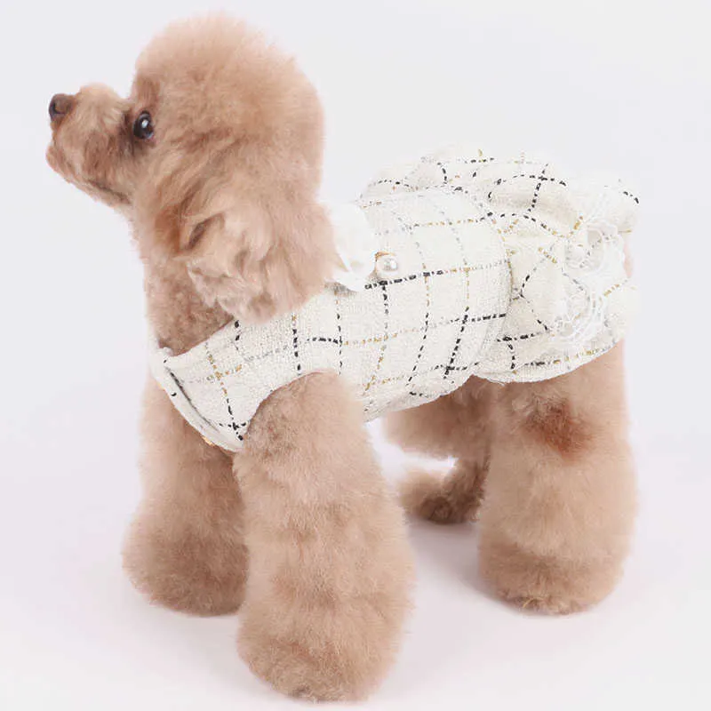 Robe Tutu de princesse en dentelle pour animaux de compagnie, 100% coton épais et velours pour petits chiens, vêtements chauds, ornés de fleurs et de perles, caniche, carlin