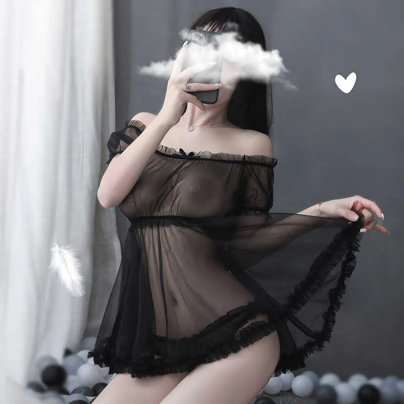 Manches courtes Slash Neck Ruffle Bow Mesh Gaze Sheer Tops Et Shorts Femme Nuit Sexy Vêtements De Nuit Lingerie Pyjamas Ensemble Maison Vêtements 210830