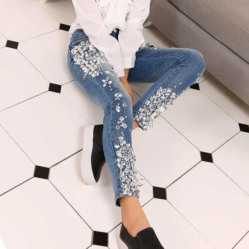 Plus Size 25-33!Women Luxury Rhinestones Diamond Denim Jeans WomenSkinny Stretch Pencil Slim Vintage H0908