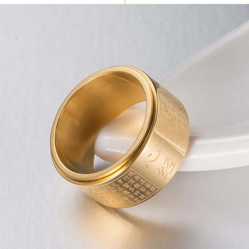 Anéis de cluster Homens Spinner Anel 12mm Vintage Chinês Coração Sutra Gravado Budista para Ouro Prata Cor Titânio Aço Dedo Jewe272l