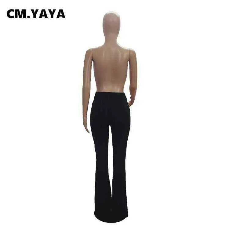 CM.YAYA Plus Size Hole Pants Women Full Length Skinny Vita elastica Solid Flare Pant Primavera Autunno High Fashion Lady Pantaloni 211124