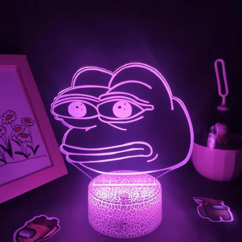 Luci notturne simpatica animale rana triste pepe si sente male brav'uomo brav'uomo 3d lampade al neon 3d regalo colorato RGB bambini tavolo da letto bambini decoro207r