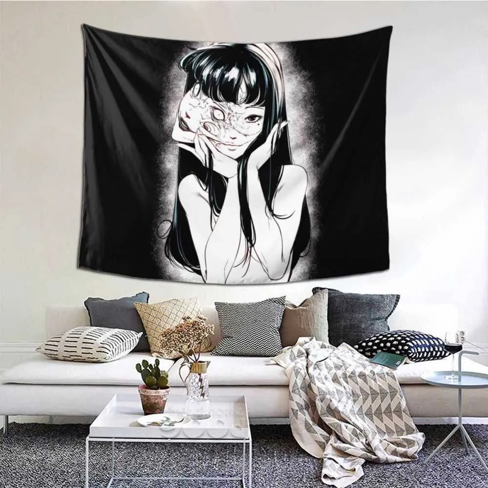 Junji Ito Tapestry Wall Hanging Curtain Tomie Japanese Kago Manga Horror Tomie Harajuku Arazzi Poliestere Coperta da picnic 210609