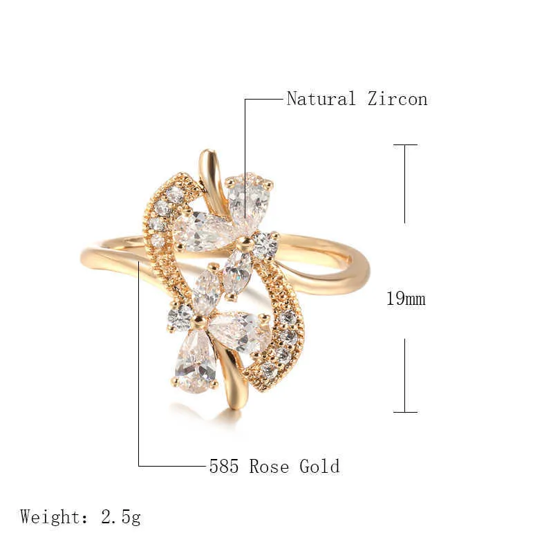 Kinel New Natural Zircon Cristal Fleur Anneaux pour Femmes 585 Or Rose Fine Creux Ethnique Bague De Mariage Hyperbole Vintage Bijoux X0715