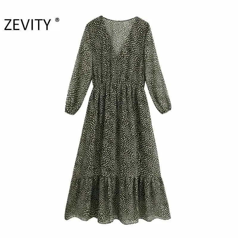 Zevity Women Vintage Vネックポルカドットプリントカジュアルシフォンミディドレス女性3四半期スリーブVestidosシックドレスDS4357 210603