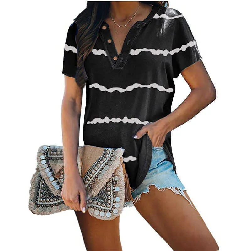 Summe Striped Short Sleeve Button V-neck Shirts for Teenage Girls Cotton Casual Loose Bat Large Size Pullover Tshirt Lady 210604