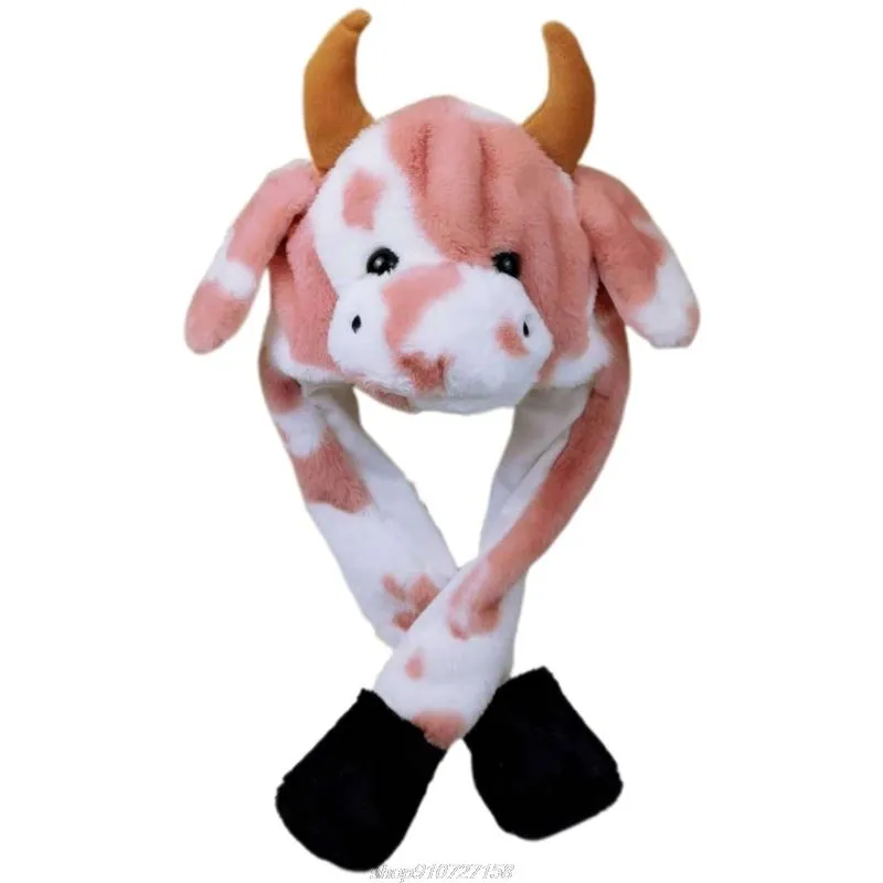 Beanie Skull Caps LED Light Up Plush Animal Hat With Moving Jumping Ears Multicolor Cartoon Milk Cow Earflap Cap Stuffed Toys JY08278h