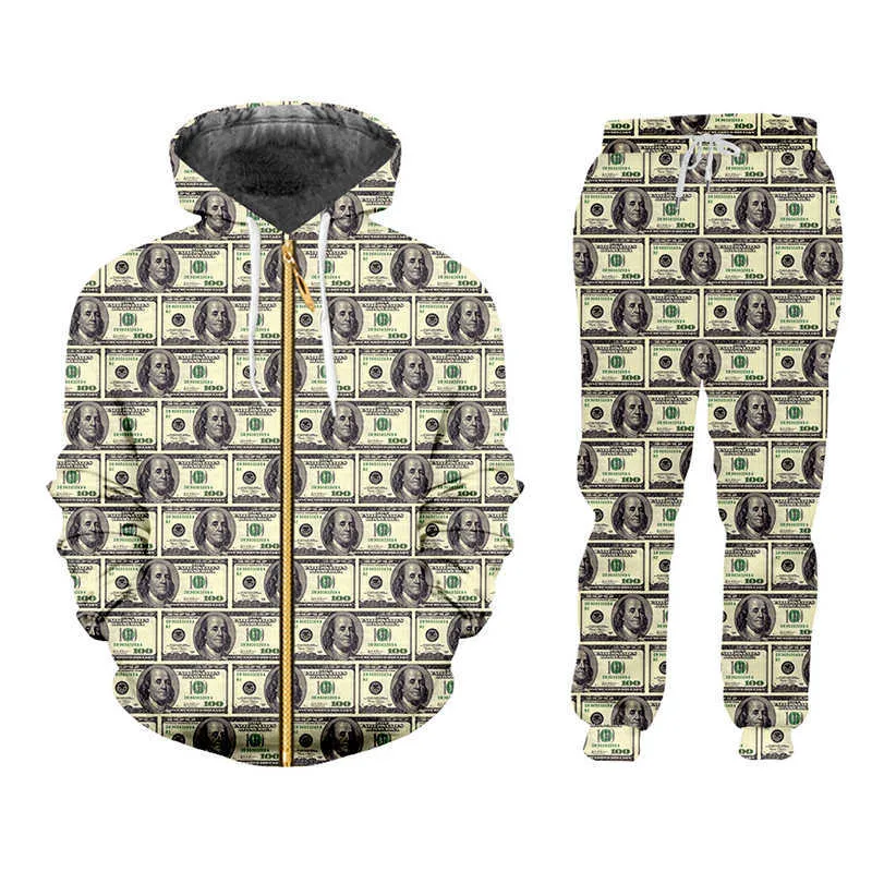 Ifpd 3D-tryck Dollar Hoodies Funny Plus Storlek Mäns uppsättning Jacka och jogger byxor Paper Money Puzzle Tracksuit Pullover Home Suit X0909