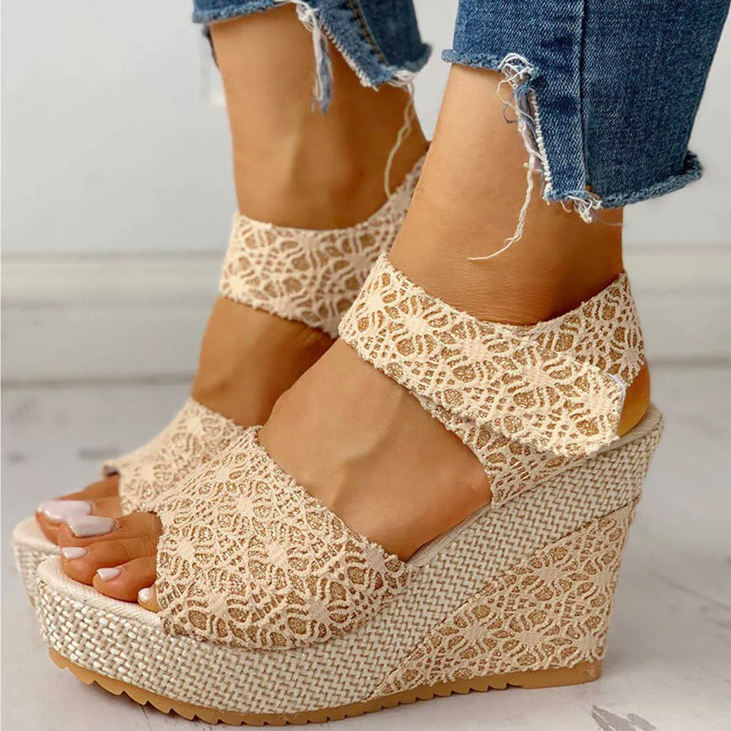 Kvinnor Mode sommarplattform Wedge Sandal Ankelband Blomma Lace-up Skor Skor Party High Heel Chaussures Zapatos de Mujer Y0721